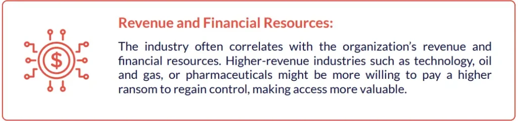 Revenue and Financial Resources: The industry often correlates with the organization’s revenue and financial resources. Higher-revenue industries such as technology, oil and gas, or pharmaceuticals might be more willing to pay a higher ransom to regain control, making access more valuable. 