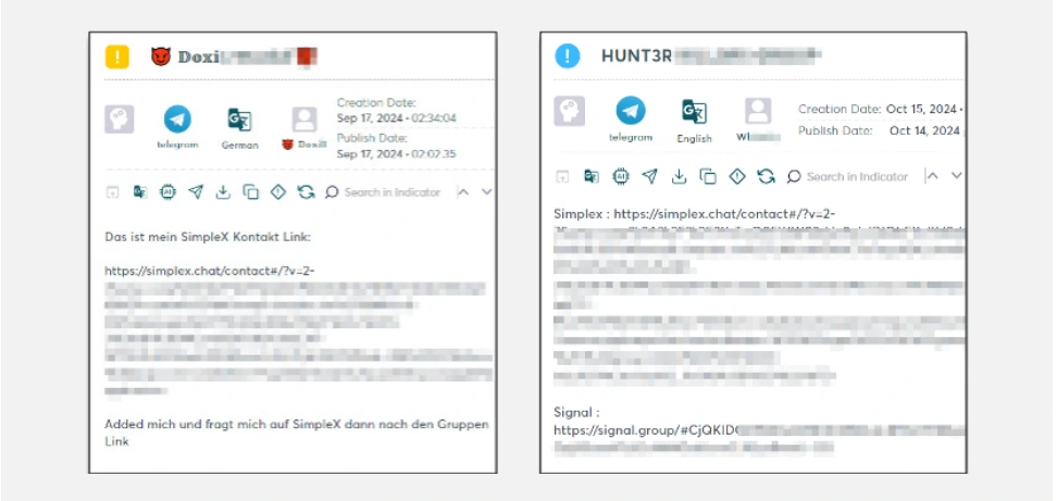 Check Point Infinity ERM showing Threat Actors sharing invite links to Signal and SimpleX.