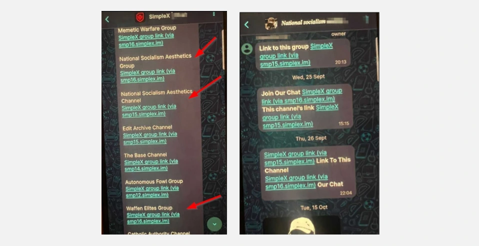 Screenshots from SimpleX, showing neo-Nazi underground groups