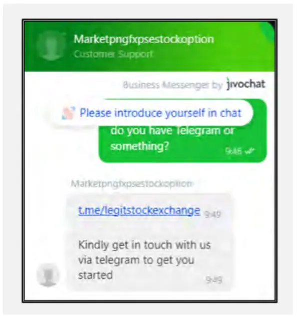 Figure 3: Interaction with the scammers via the website’s chatbot reveals they redirect victims  to Telegram. 