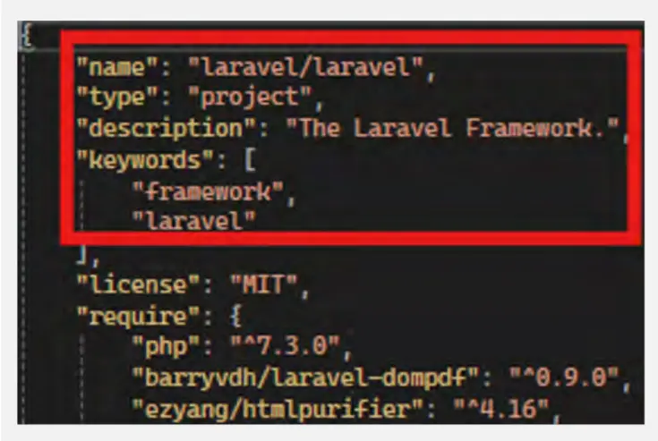 Figure 6: Screenshot of the "composer.json" file, indicating that the web application is built using Laravel. 