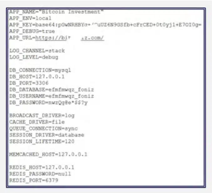 Figure 8: An Example of a sensitive internal .env configuration file uncovered, revealing database credentials, application keys, and server settings on the fraudulent platform. 