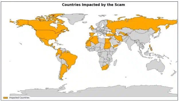 Figures 14: Map highlighting countries impacted by the six fraudulent platforms we investigated. The highlighted regions indicate the global reach of these scams, spanning multiple continents and affecting diverse populations across North America, South America, Europe, Africa, and Asia.