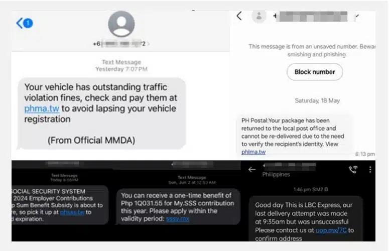 Samples of Smishing Messages Impersonating Government and Logistics Organizations