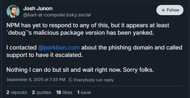 Figure 1:Josh Junon Post regarding the Incident