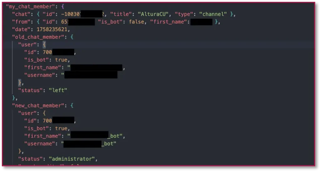 Figure 6: Bot update for joining channel “AlturaCU” by invite of one of the operators